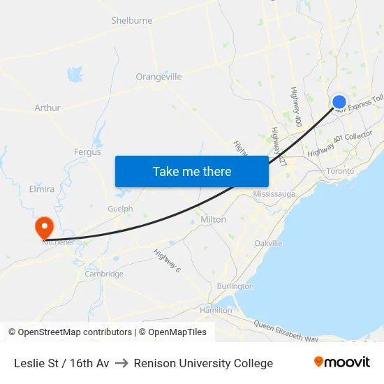 Leslie St / 16th Av to Renison University College map