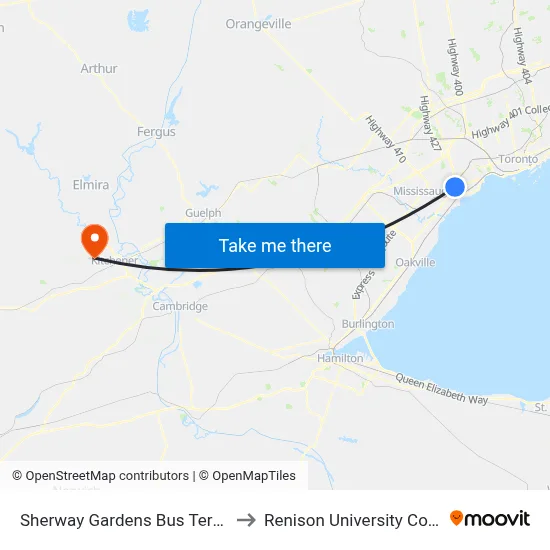 Sherway Gardens Bus Terminal to Renison University College map