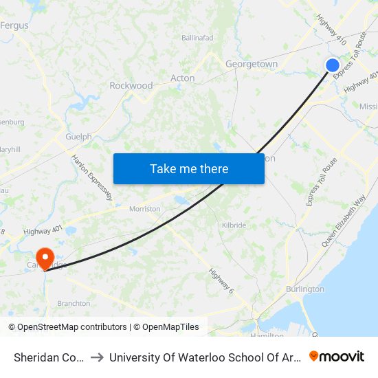 Sheridan College to University Of Waterloo School Of Architecture map