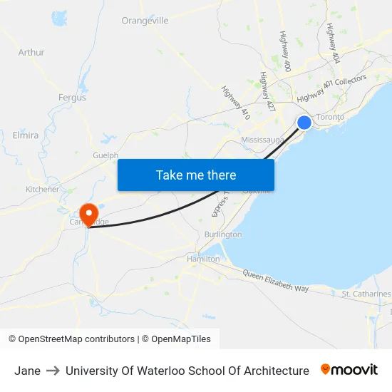 Jane to University Of Waterloo School Of Architecture map