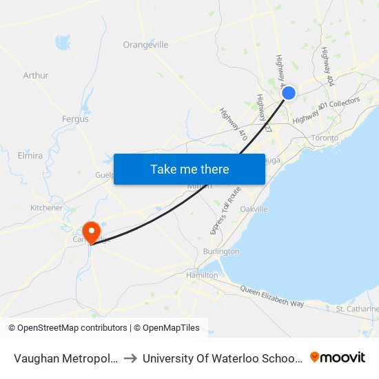 Vaughan Metropolitan Centre to University Of Waterloo School Of Architecture map