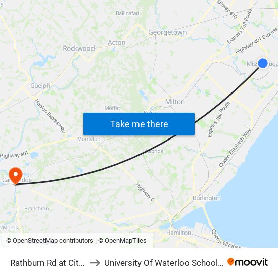 Rathburn Rd at City Centre Dr to University Of Waterloo School Of Architecture map