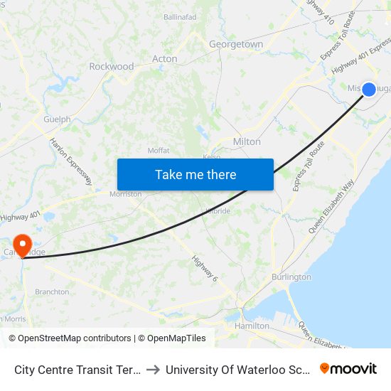 City Centre Transit Terminal Platform K to University Of Waterloo School Of Architecture map