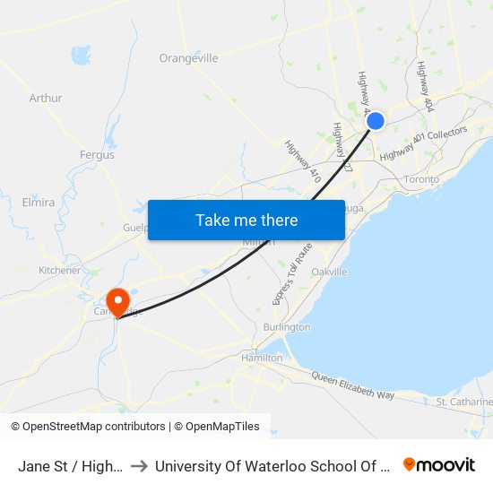 Jane St / Highway 7 to University Of Waterloo School Of Architecture map