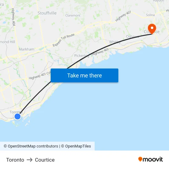 Toronto to Courtice map