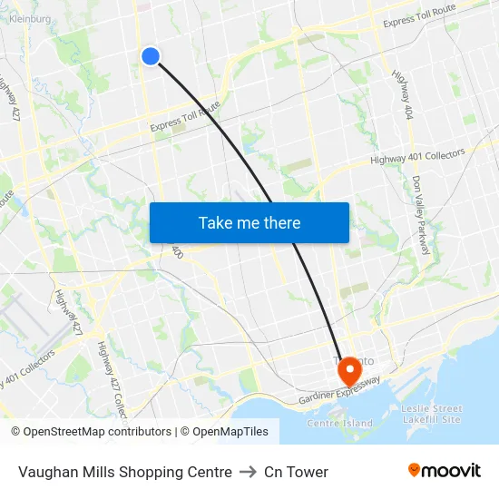 Vaughan Mills Shopping Centre to Cn Tower map
