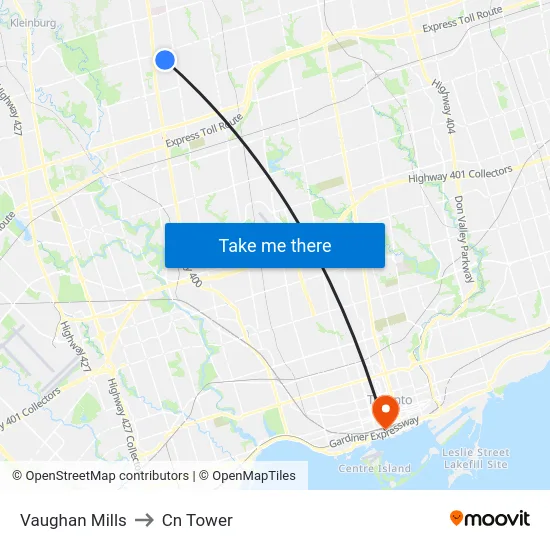 Vaughan Mills to Cn Tower map