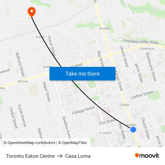 Toronto Eaton Centre to Casa Loma map
