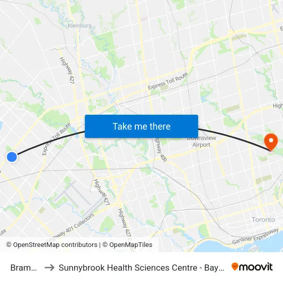 Brampton to Sunnybrook Health Sciences Centre - Bayview Campus map