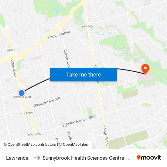 Lawrence West to Sunnybrook Health Sciences Centre - Bayview Campus map