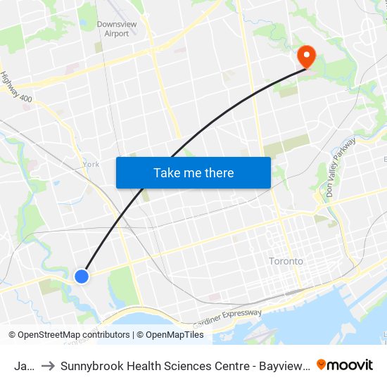 Jane to Sunnybrook Health Sciences Centre - Bayview Campus map