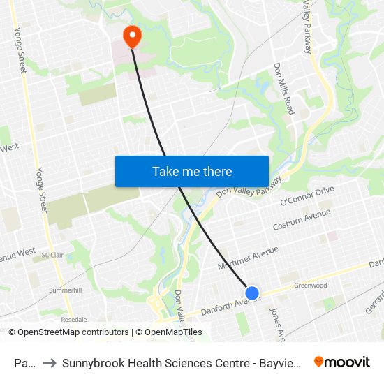 Pape to Sunnybrook Health Sciences Centre - Bayview Campus map