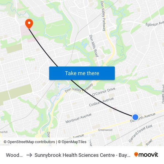 Woodbine to Sunnybrook Health Sciences Centre - Bayview Campus map