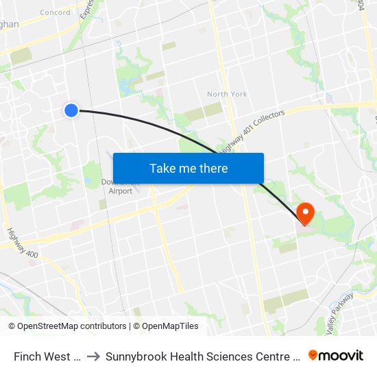 Finch West Station to Sunnybrook Health Sciences Centre - Bayview Campus map