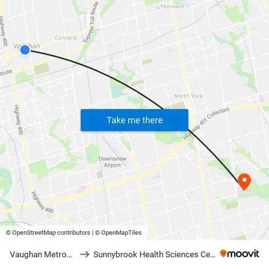 Vaughan Metropolitan Centre to Sunnybrook Health Sciences Centre - Bayview Campus map