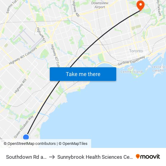 Southdown Rd at Hartland Dr to Sunnybrook Health Sciences Centre - Bayview Campus map