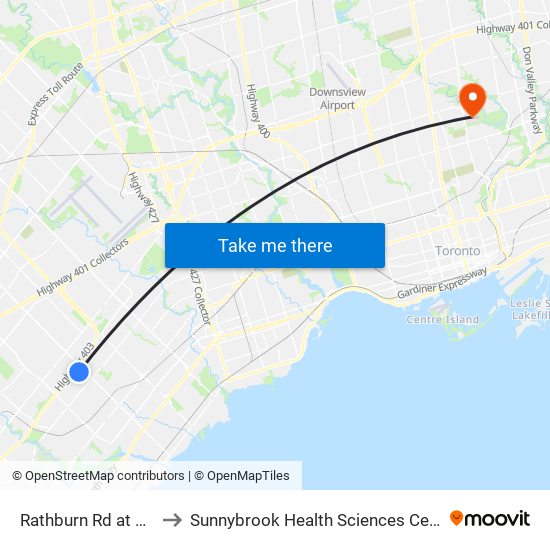 Rathburn Rd at City Centre Dr to Sunnybrook Health Sciences Centre - Bayview Campus map