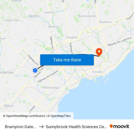 Brampton Gateway Terminal to Sunnybrook Health Sciences Centre - Bayview Campus map