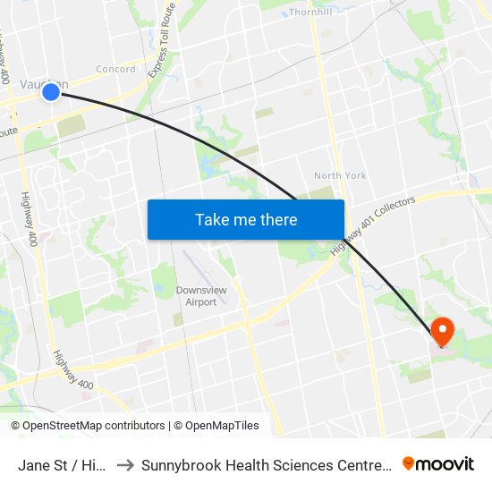 Jane St / Highway 7 to Sunnybrook Health Sciences Centre - Bayview Campus map