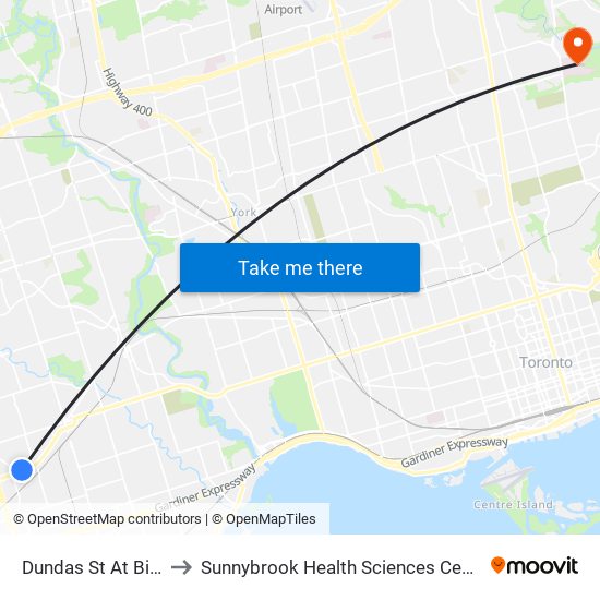 Dundas St At Billingham Rd to Sunnybrook Health Sciences Centre - Bayview Campus map