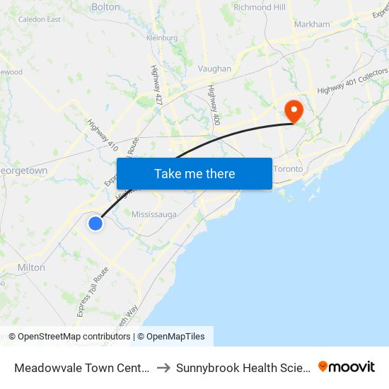 Meadowvale Town Centre Bus Terminal Platform H, I, J to Sunnybrook Health Sciences Centre - Bayview Campus map