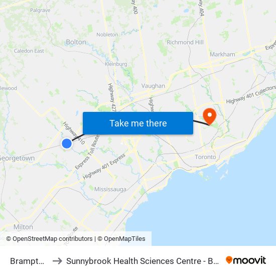 Brampton Go to Sunnybrook Health Sciences Centre - Bayview Campus map
