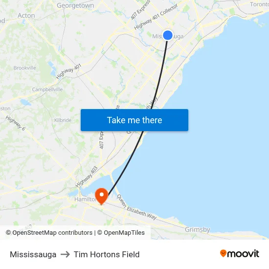 Mississauga to Tim Hortons Field map