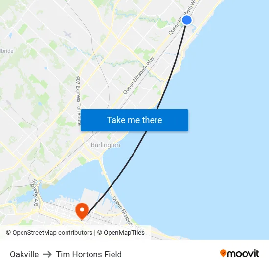 Oakville to Tim Hortons Field map