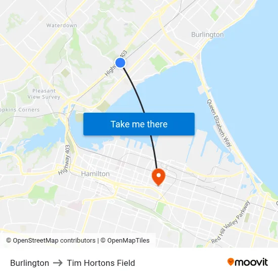 Burlington to Tim Hortons Field map