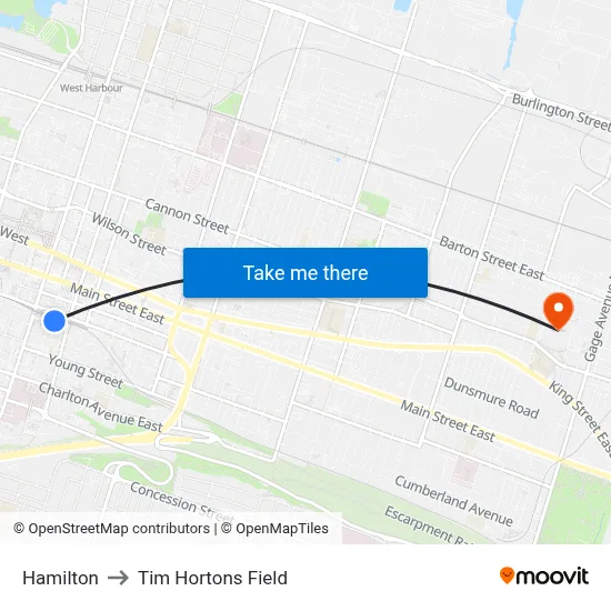 Hamilton to Tim Hortons Field map