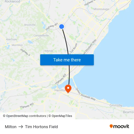 Milton to Tim Hortons Field map