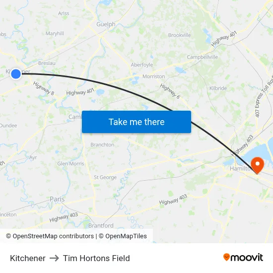 Kitchener to Tim Hortons Field map
