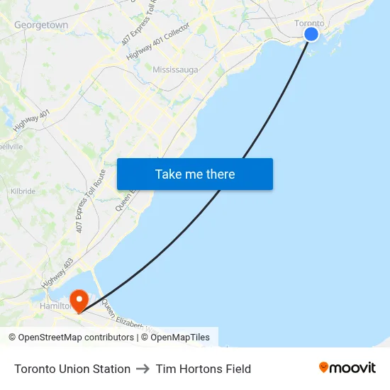 Toronto Union Station to Tim Hortons Field map