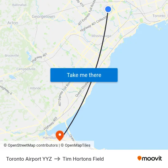 Toronto Airport YYZ to Tim Hortons Field map