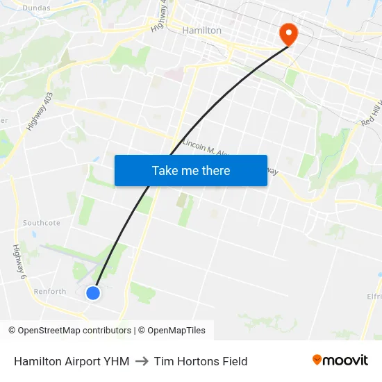 Hamilton Airport YHM to Tim Hortons Field map