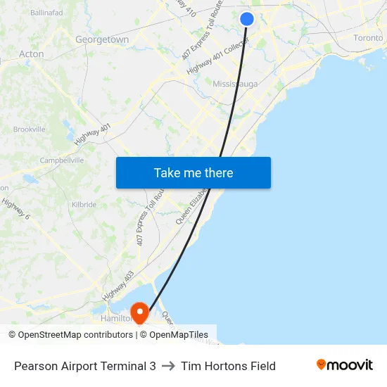 Pearson Airport Terminal 3 to Tim Hortons Field map