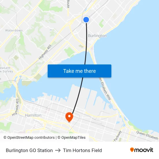 Burlington GO Station to Tim Hortons Field map