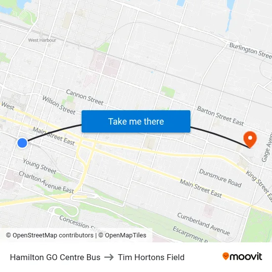 Hamilton GO Centre Bus to Tim Hortons Field map