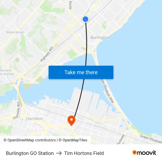 Burlington GO Station to Tim Hortons Field map