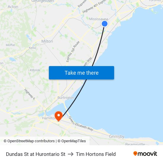 Dundas St at Hurontario St to Tim Hortons Field map