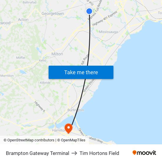 Brampton Gateway Terminal to Tim Hortons Field map
