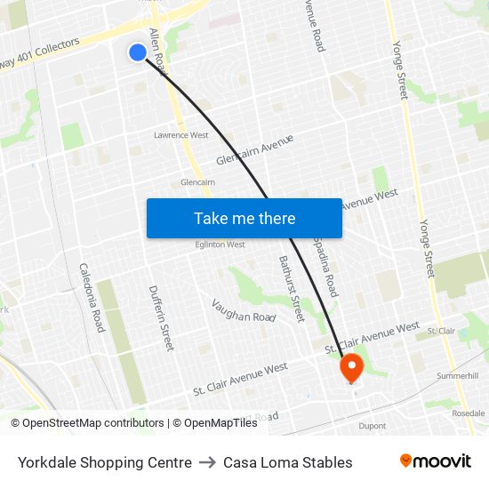 Yorkdale Shopping Centre to Casa Loma Stables map