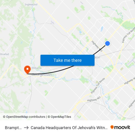Brampton to Canada Headquarters Of Jehovah's Witnesses map