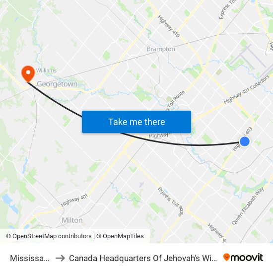 Mississauga to Canada Headquarters Of Jehovah's Witnesses map