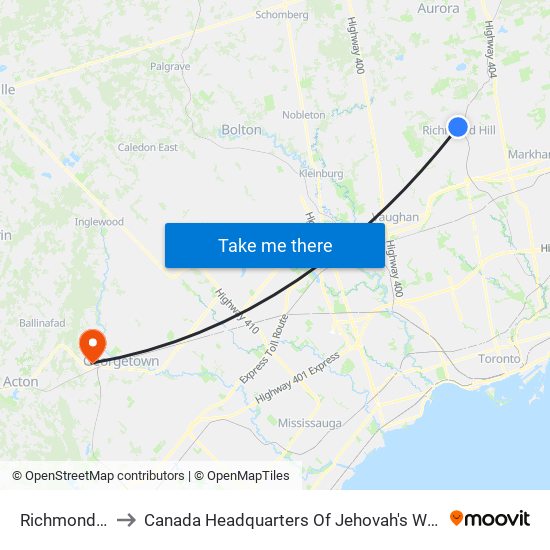 Richmond Hill to Canada Headquarters Of Jehovah's Witnesses map