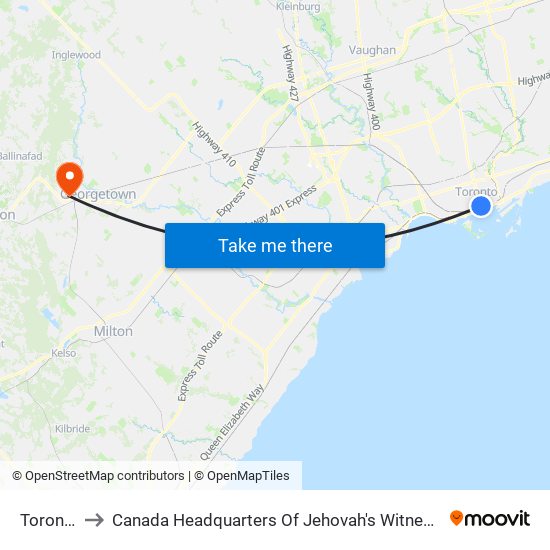 Toronto to Canada Headquarters Of Jehovah's Witnesses map