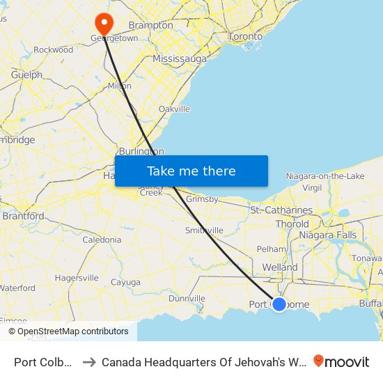 Port Colborne to Canada Headquarters Of Jehovah's Witnesses map