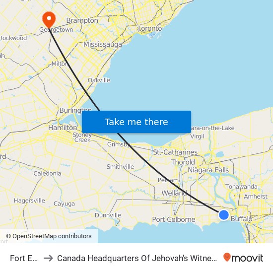 Fort Erie to Canada Headquarters Of Jehovah's Witnesses map
