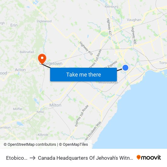 Etobicoke to Canada Headquarters Of Jehovah's Witnesses map