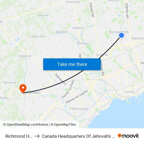 Richmond Hill Go to Canada Headquarters Of Jehovah's Witnesses map